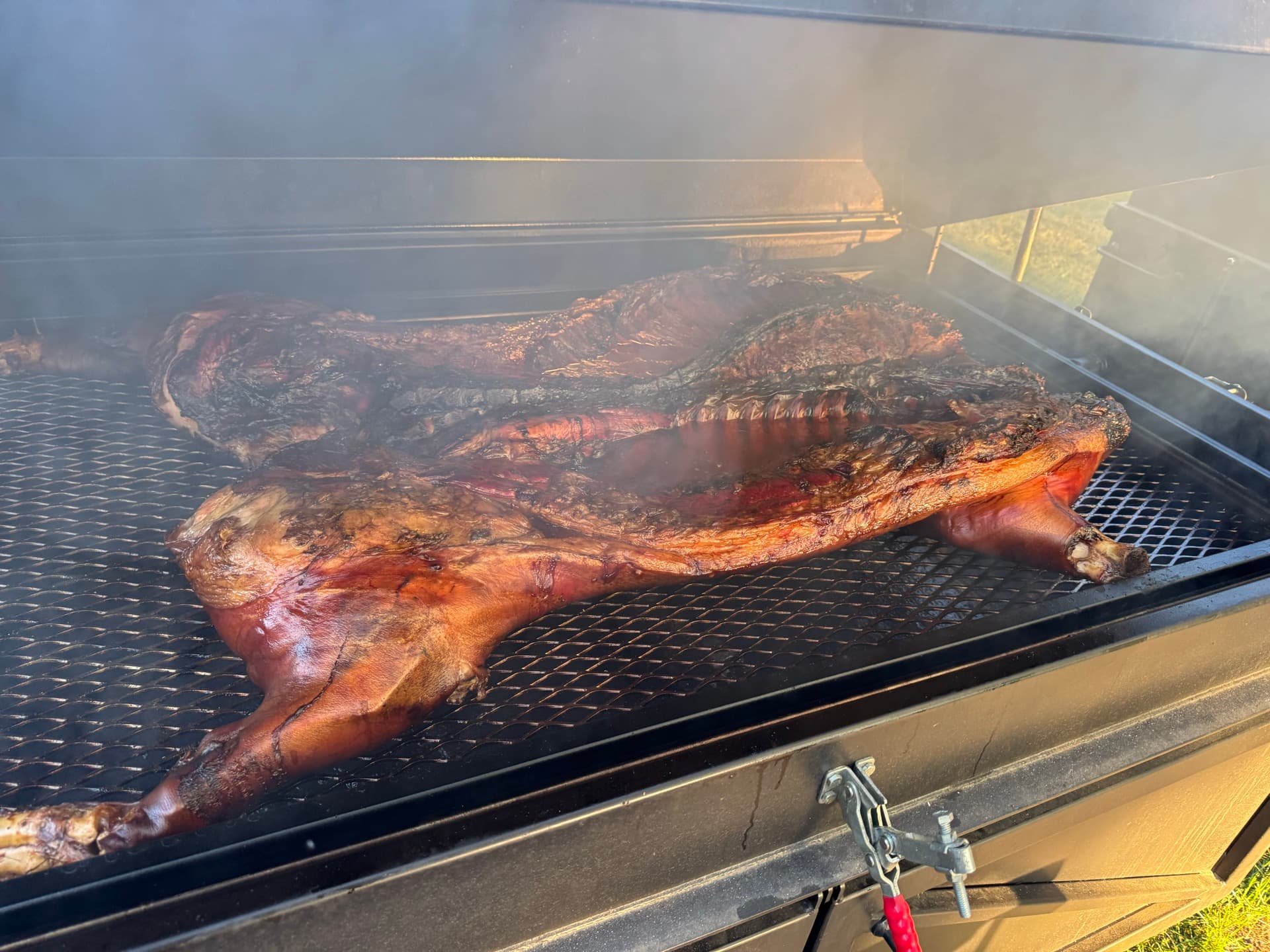 Whole hog smoking on the pit